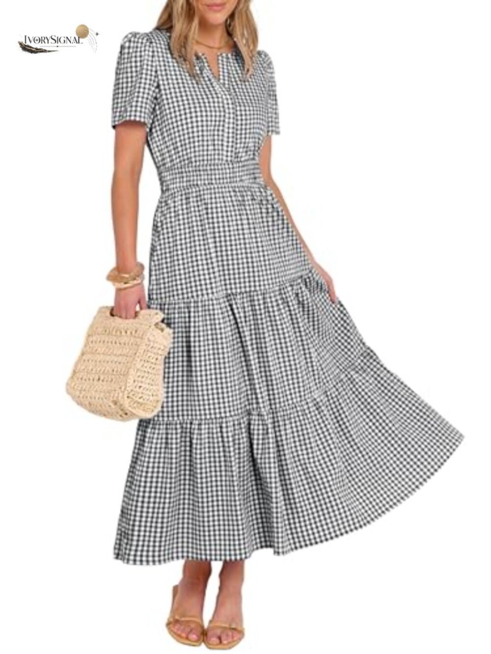 Womens Short Sleeve Midi Dress with Pockets A-Line V-Neck Summer Casual